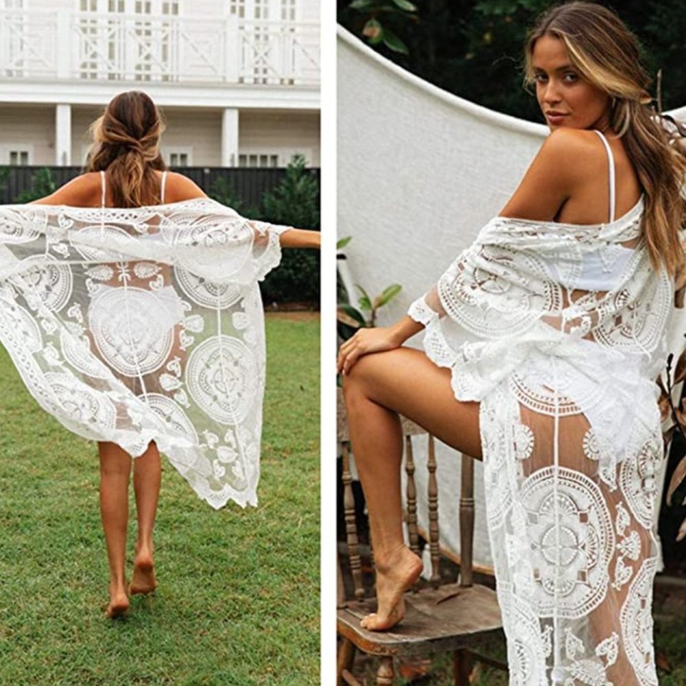 White Medallion‎ Lace Transparent Kimono Sheer Bikini Swimsuit Beach Coverup